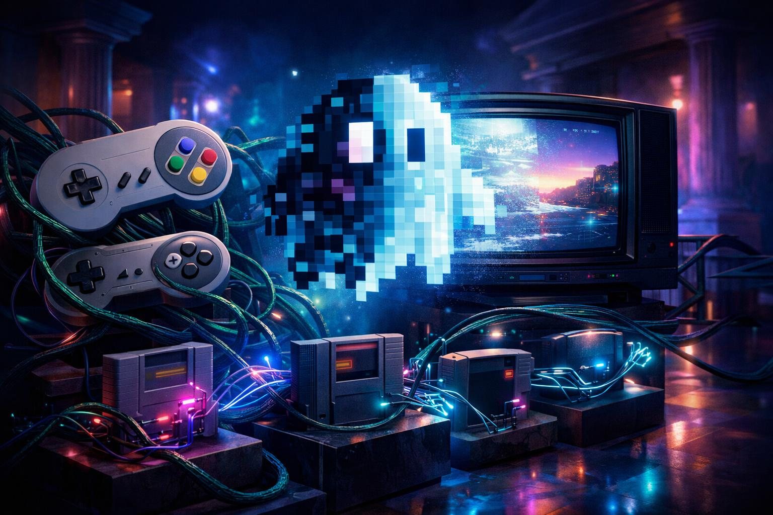 Vervagende gamecontrollers, een pixelachtig personage tussen oud en nieuw, en een museum met klassieke games verweven met futuristische AI-elementen.